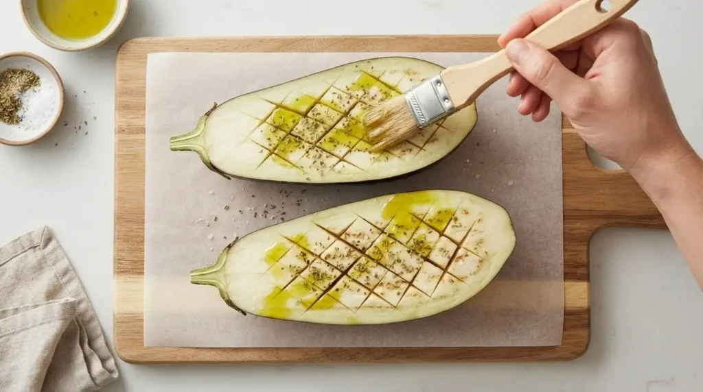 Raw halved eggplants scored in a deep diamond pattern brushed with extra virgin olive oil on a wooden cutting board.