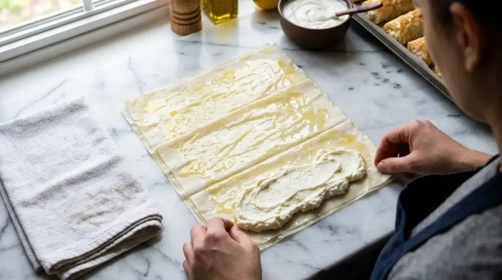 Step-by-step process of adding feta filling onto brushed phyllo dough layers.