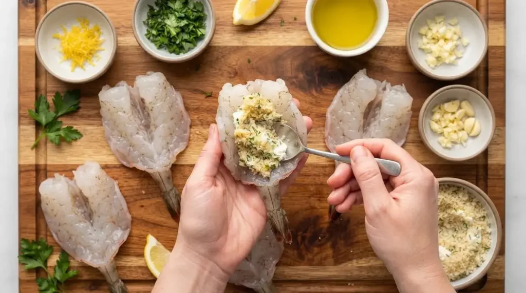 Hands stuffing raw butterflied jumbo shrimp with herb panko filling on a wooden cutting board.