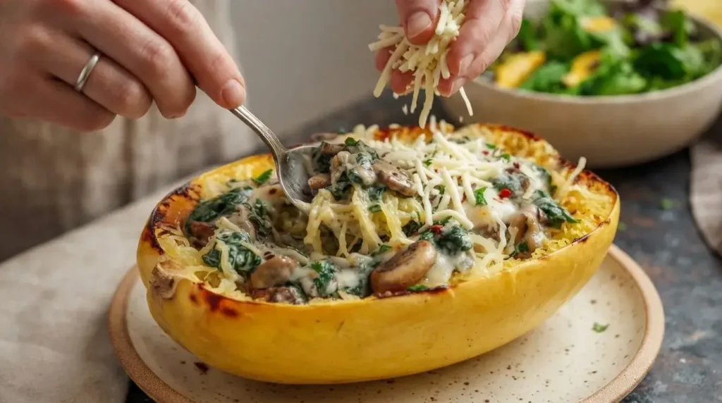 Spoon stuffing creamy spinach, mushroom, and spaghetti squash strands into a roasted squash boat shell.