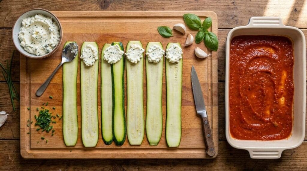 Assembling Italian zucchini roll-ups by placing ricotta cheese filling on fresh zucchini ribbons.