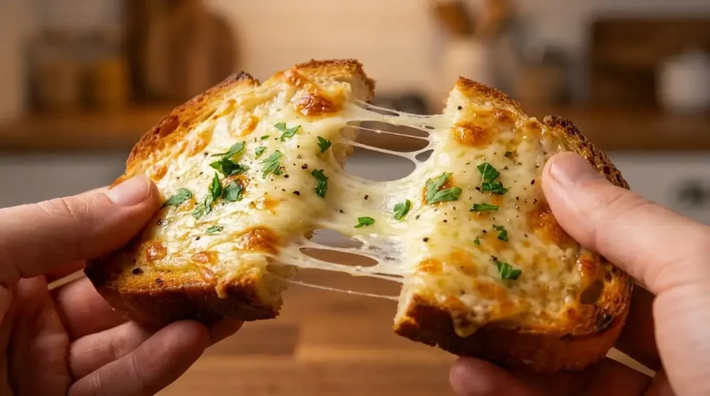 Close-up of a hot slice of sourdough garlic cheese bread being pulled apart with stretchy melted mozzarella cheese.