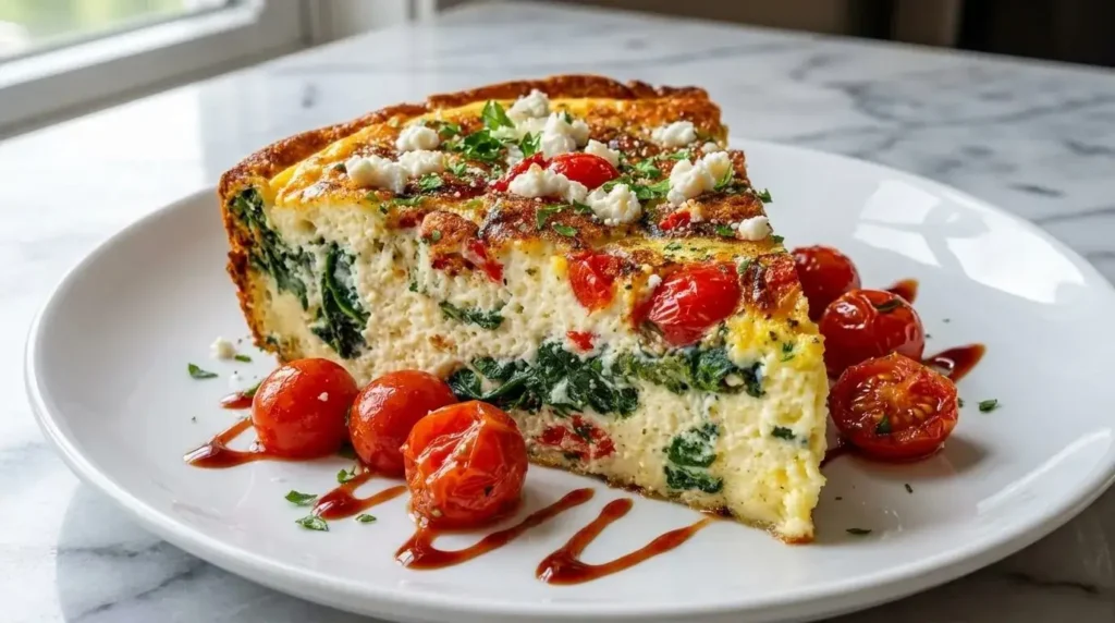 A thick slice of fluffy crustless spinach tomato and feta quiche served with blistered cherry tomatoes and balsamic glaze on a white plate.