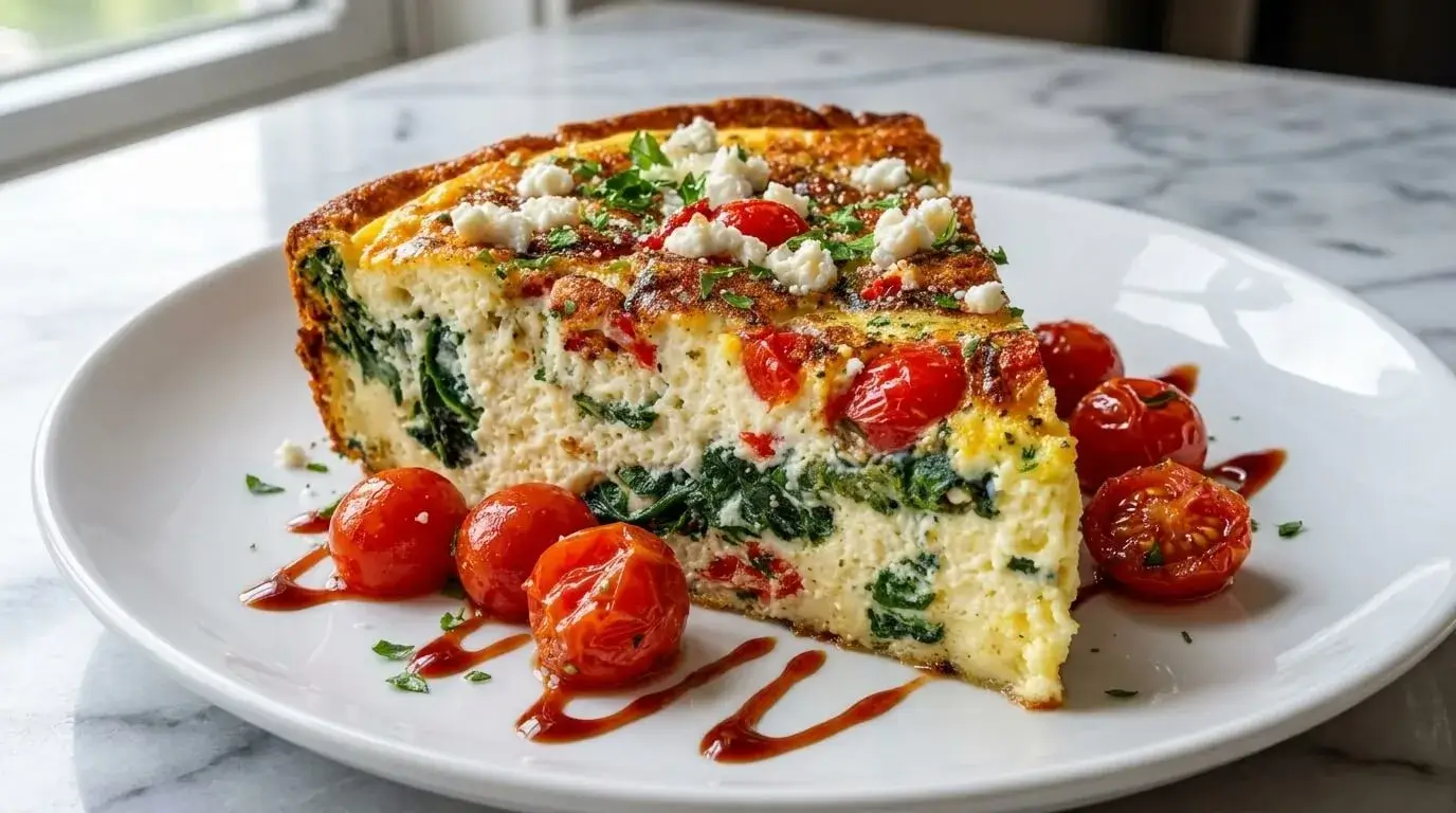 A thick slice of fluffy crustless spinach tomato and feta quiche served with blistered cherry tomatoes and balsamic glaze on a white plate.