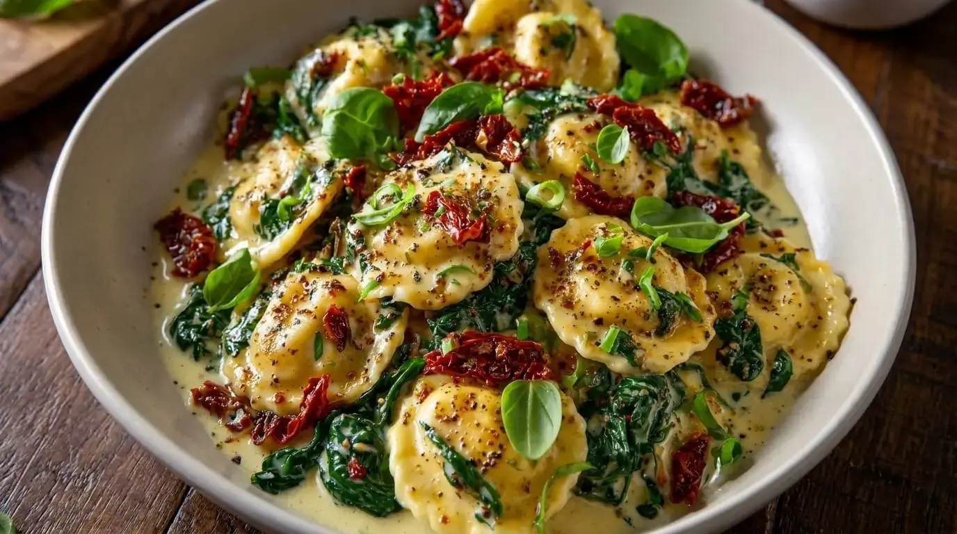 Creamy Tuscan-Inspired Ravioli in a shallow bowl tossed with spinach, sun-dried tomatoes, and fresh basil.