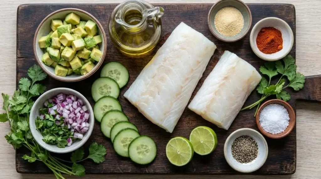 Fresh ingredients for pan seared white fish including white fish fillets, avocado, cucumber, lime, and olive oil.