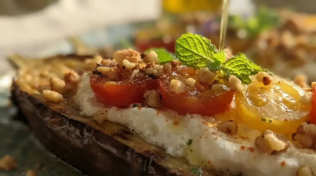 Close-up detail of roasted eggplant boat showing whipped feta texture, juicy cherry tomatoes, toasted walnuts, and mint.