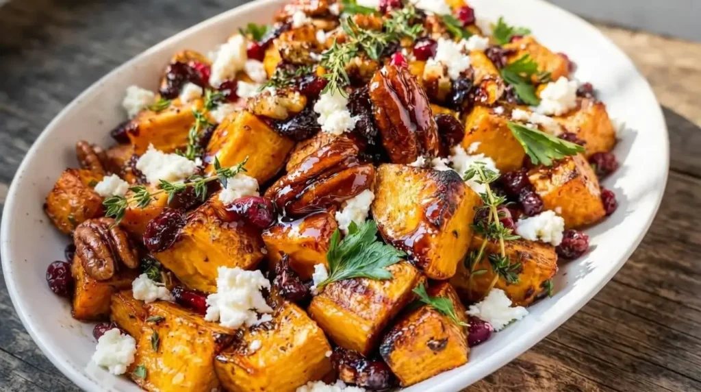 Platter of Maple-Roasted Sweet Potatoes with Feta Cheese & Candied Pecans garnished with fresh thyme and cranberries.