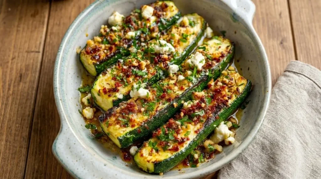 Golden roasted zucchini halves topped with white feta cheese, diced red sun-dried tomatoes, and fresh chopped parsley in a ceramic dish.