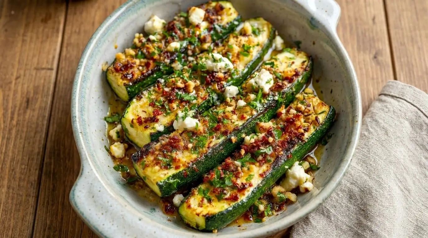 Golden roasted zucchini halves topped with white feta cheese, diced red sun-dried tomatoes, and fresh chopped parsley in a ceramic dish.