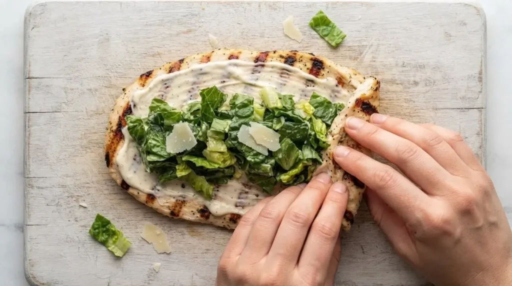 Assembling healthy low-carb chicken Caesar wrap by layering romaine lettuce over a thin grilled chicken breast.