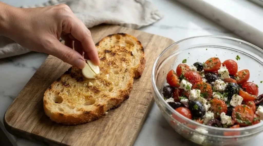 A hand rubbing a raw garlic clove over a slice of warm toasted artisan bread next to a bowl of marinated tomato feta olive topping.
