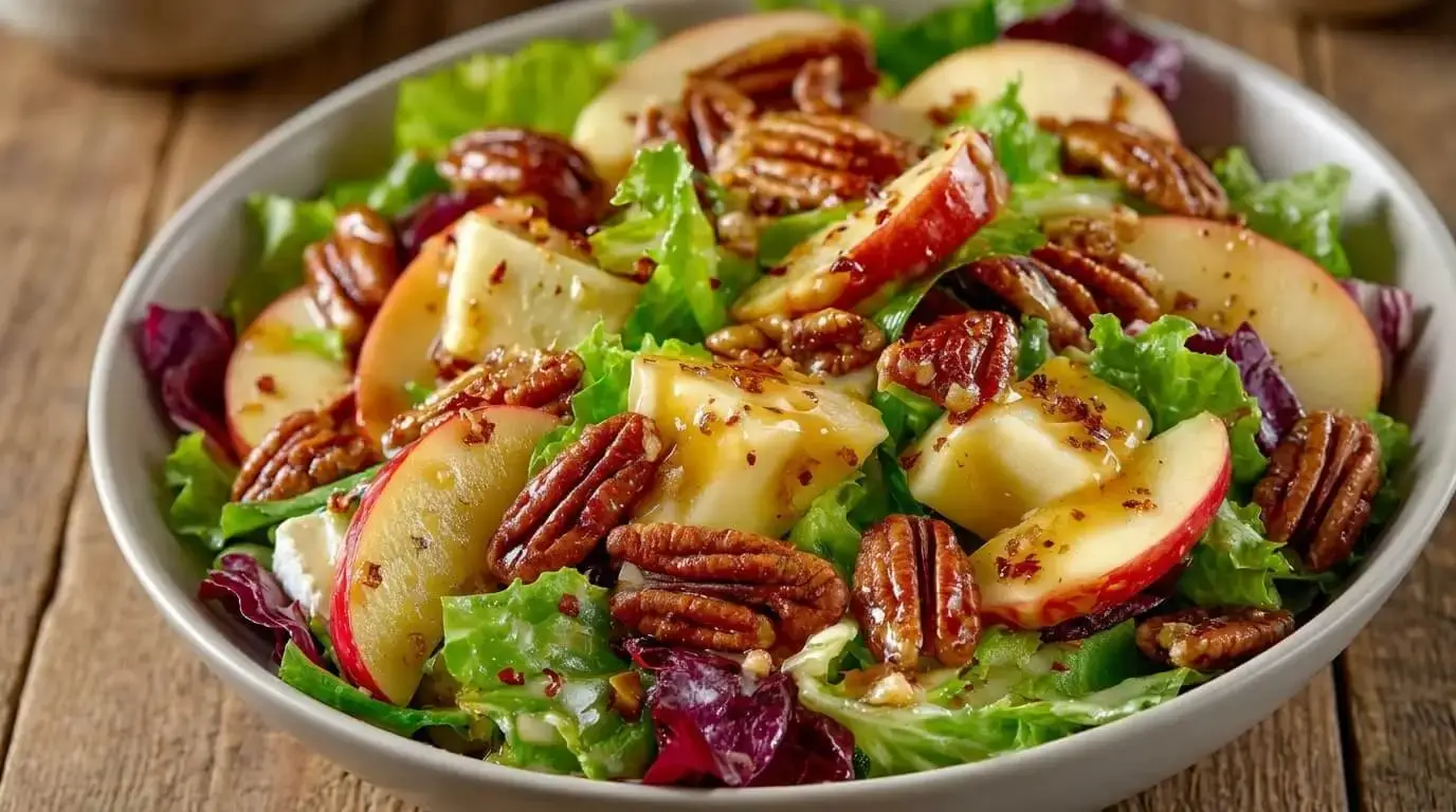 Apple, Brie and Candied Pecan Salad with a sweet maple vinaigrette in a ceramic bowl with red apple slices and glazed nuts.