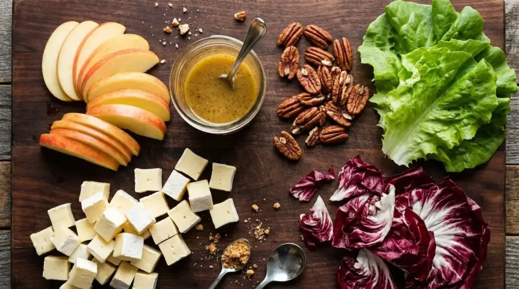 Fresh ingredients for Apple Brie and Candied Pecan Salad including apples, Brie cubes, pecans, and maple dressing jar.