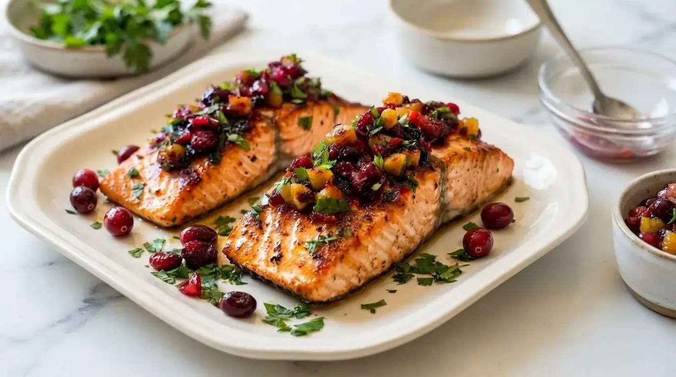 Baked salmon fillets topped with fresh red cranberry citrus salsa, toasted pecans, and chopped parsley on a white platter.