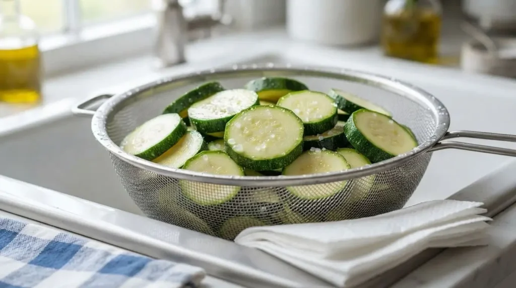 Sweating zucchini slices with salt in a colander to prevent watery casserole.