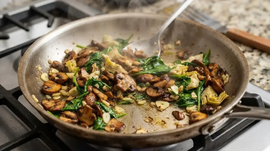 Sautéing wild mushrooms, garlic, spinach, and artichoke hearts in olive oil for pasta filling.