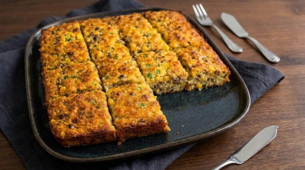Savoury beef sweetcorn and cheddar muffin squares sliced on a dark platter with visible corn, peppers, and cheese.