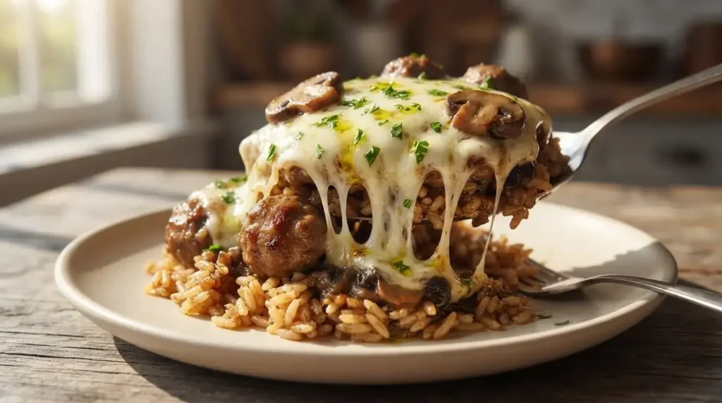 Plated portion of Cheesy Mushroom Meatball Rice Casserole showing layers of rice, meatball, and melted cheese pull.