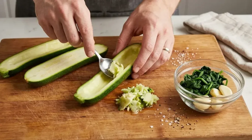 Scooping out zucchini center with a spoon to make hollow zucchini boats for stuffing.