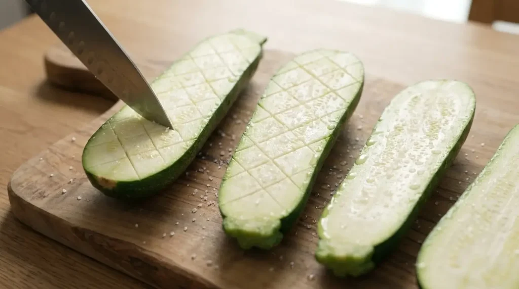 Close-up of raw halved zucchini crosshatch scored and sprinkled with kosher salt to extract excess water on a wooden cutting board.