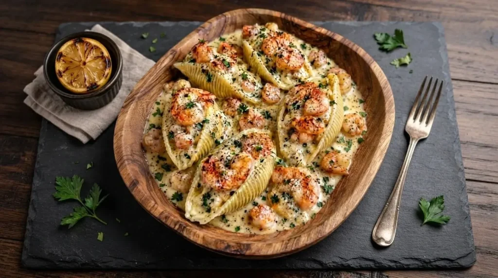 Creamy garlic seafood stuffed shells with shrimp topped with seared jumbo shrimp and fresh parsley in a rustic wooden platter.