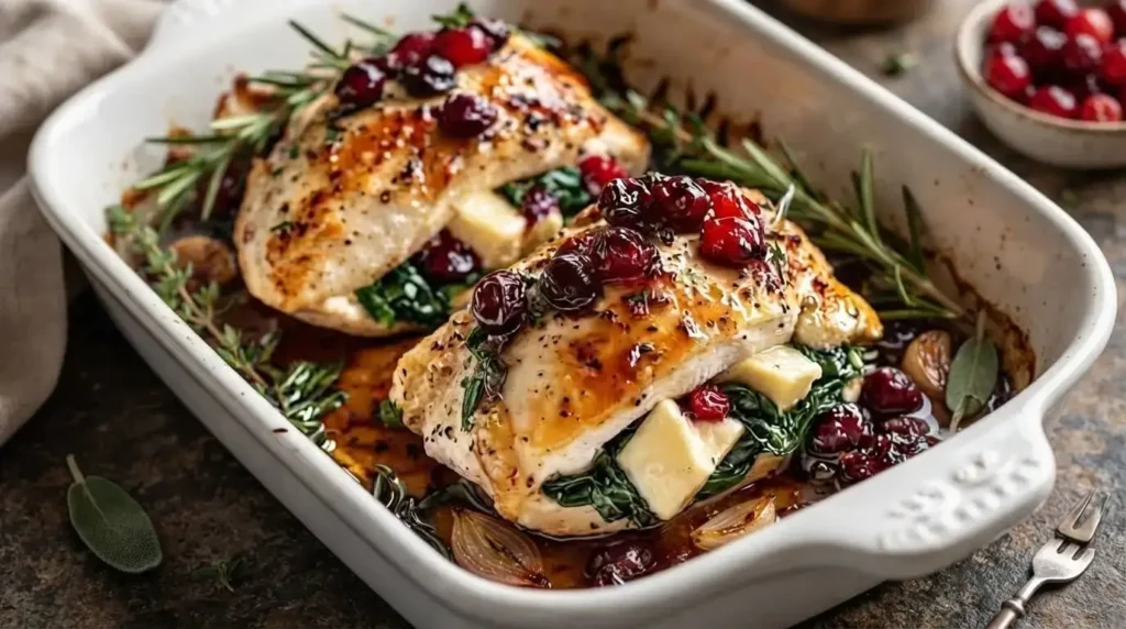 Cranberry & Spinach Stuffed Chicken Breasts with melted Brie in a ceramic baking dish with fresh herbs.