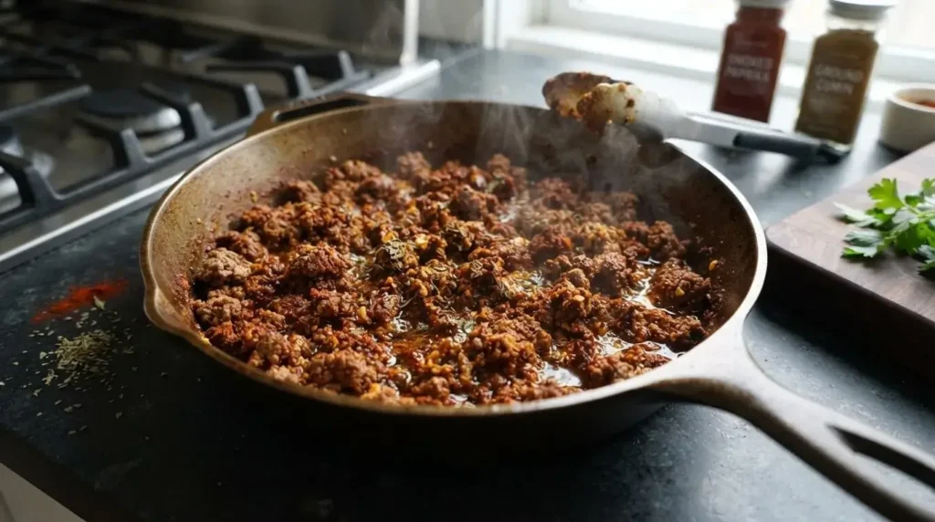 Searing ground lamb with garlic, cumin, paprika, and oregano in a cast-iron skillet for sweet potato boat filling.