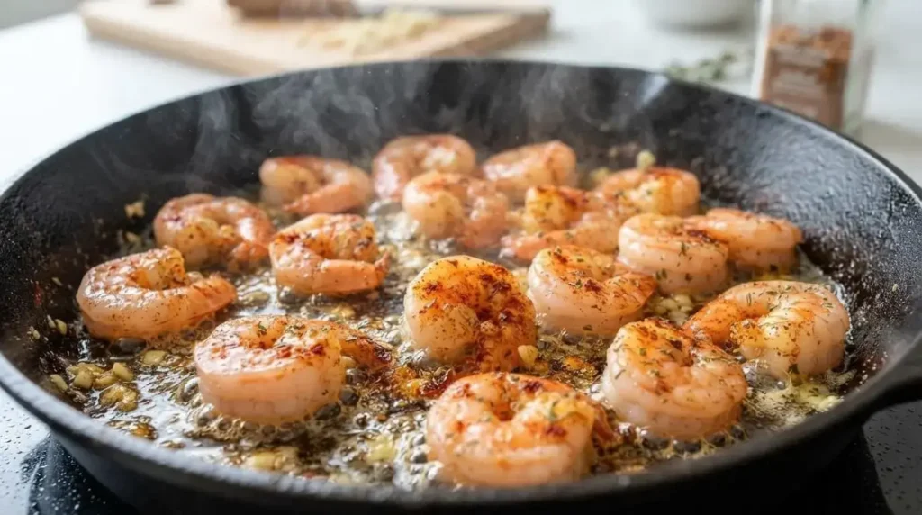Plump shrimp searing with garlic, olive oil, and herbs in a warm skillet.