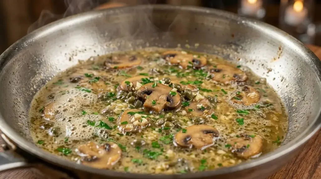 Simmering lemon garlic caper pan sauce with cremini mushrooms and fresh parsley in a skillet.