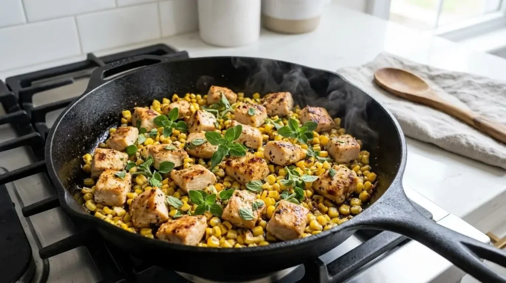 Sizzling golden-brown diced chicken breast and charred sweet corn in a cast-iron skillet.