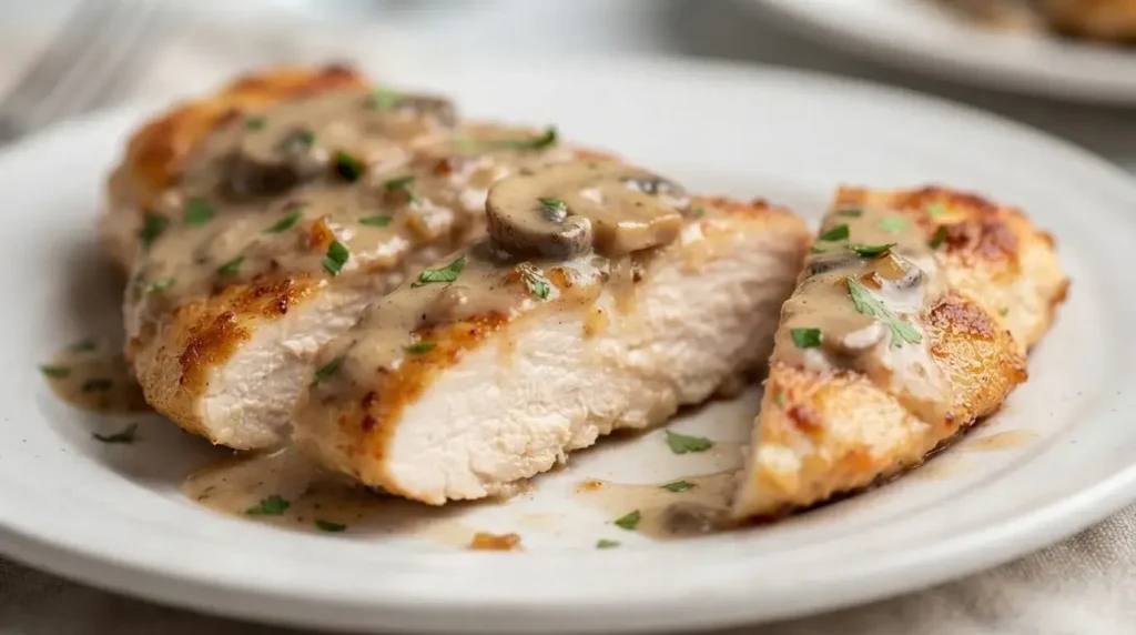 Sliced pan-seared chicken cutlet coated in creamy lemon shallot mushroom sauce.