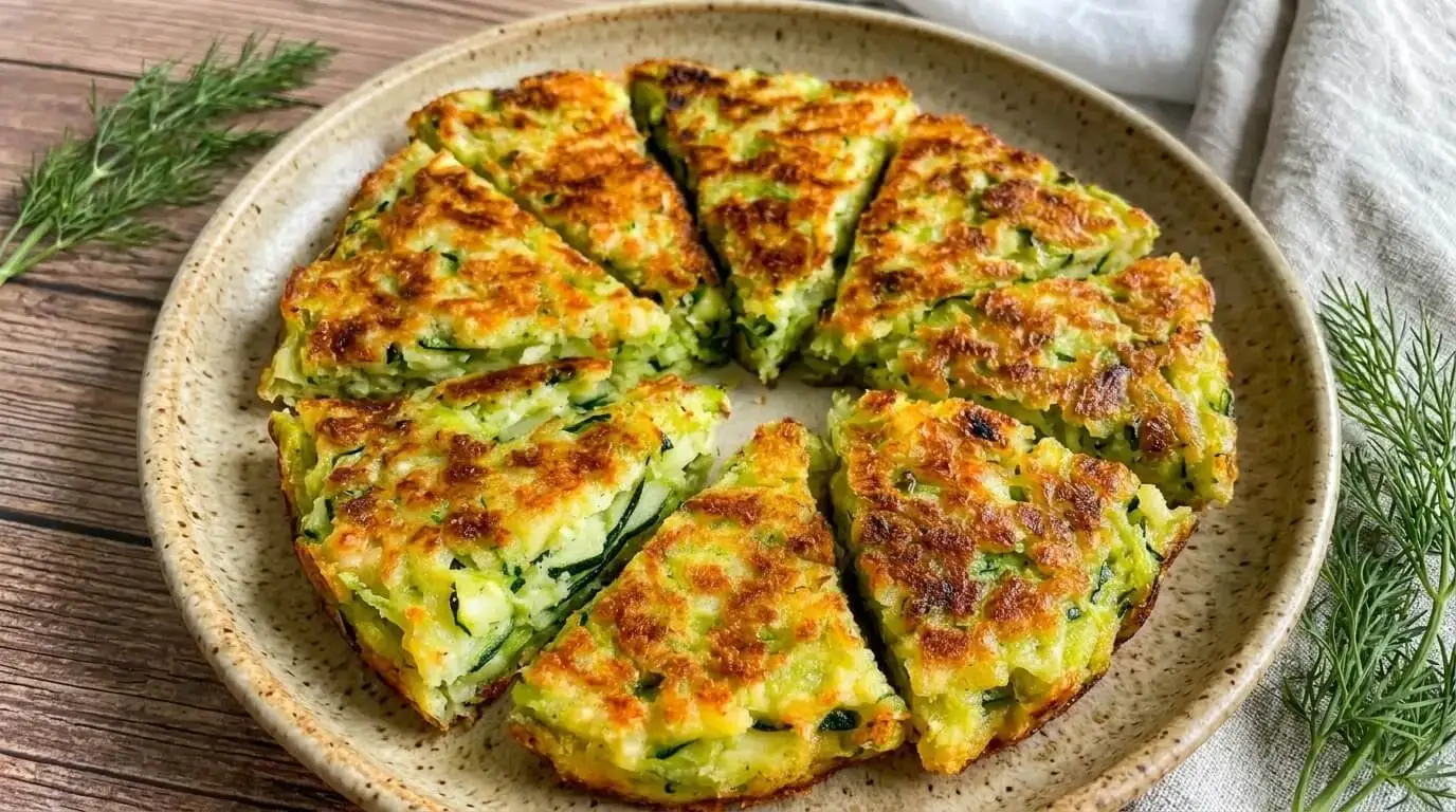 Golden-brown sliced crustless greek zucchini tart wedges served on a rustic plate.