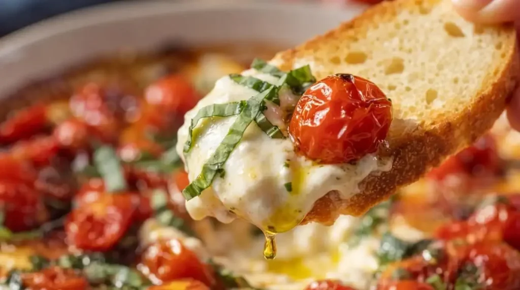 Toasted crostini scooping warm melted burrata cheese and roasted cherry tomato dip.