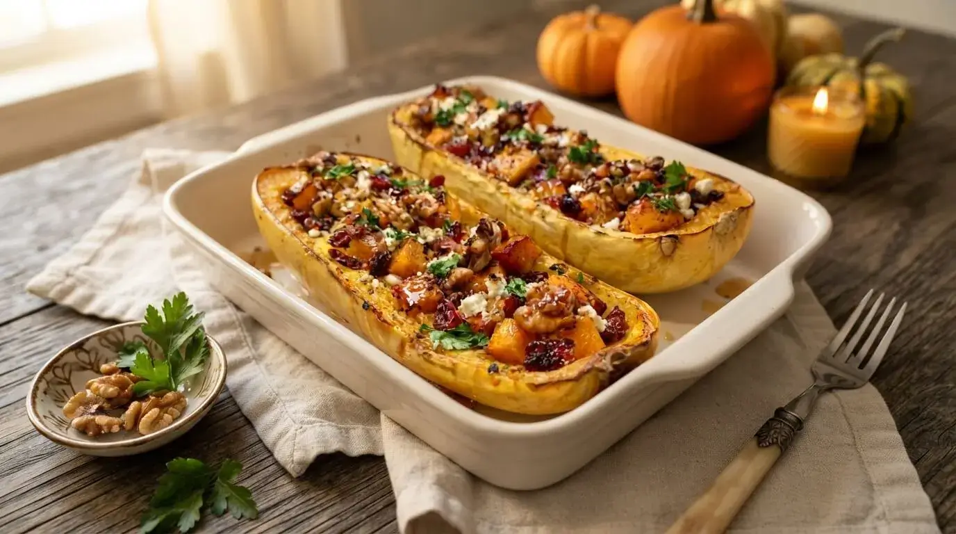 Roasted Maple-Honey Pumpkin & Feta Spaghetti Squash Boats topped with cranberries, walnuts, and fresh parsley in a white baking dish.