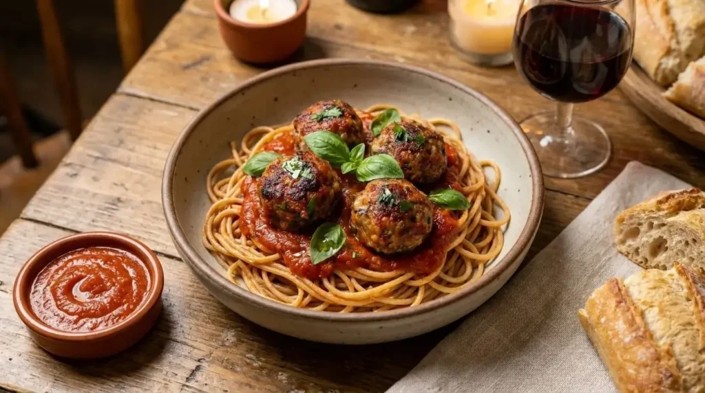 Vegan mushroom meatballs served over whole wheat pasta with red marinara sauce