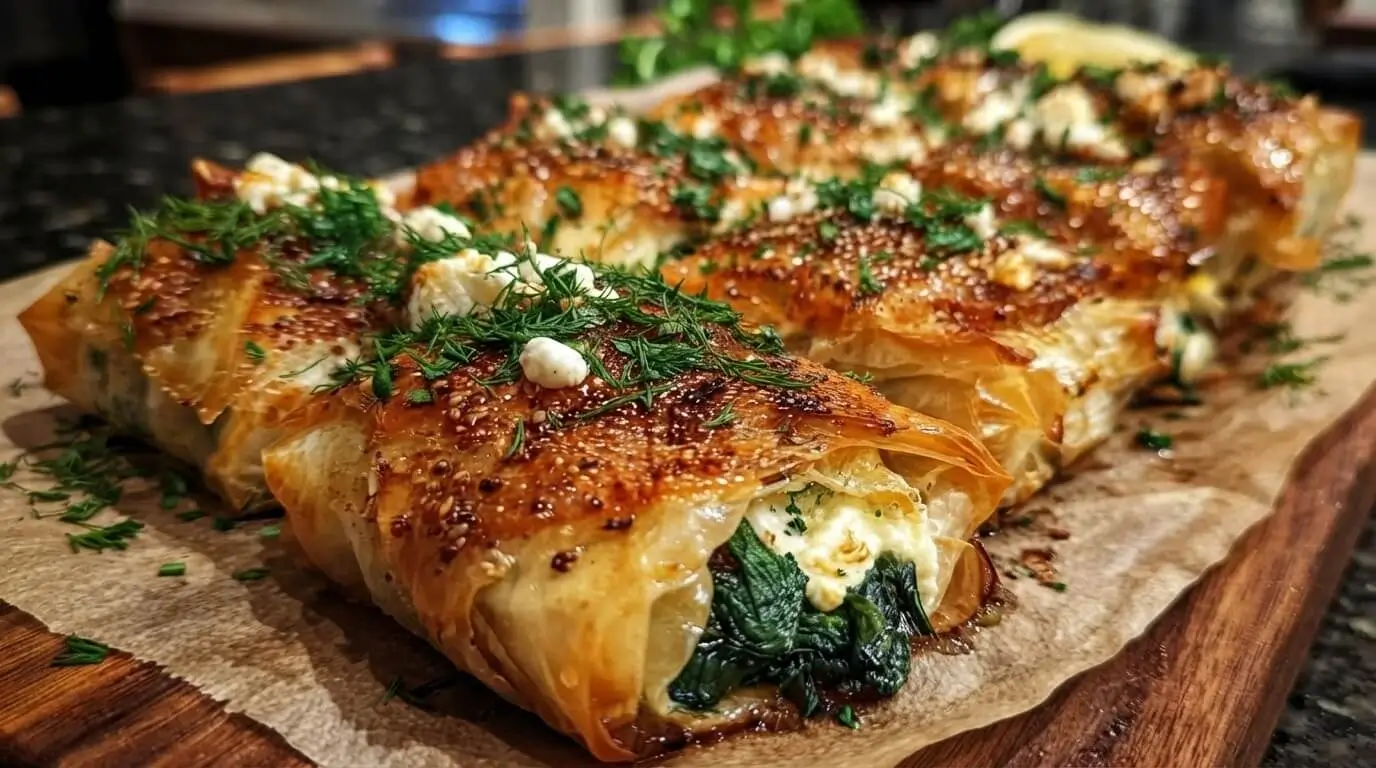 Golden crispy Spanakopita Phyllo Rolls drizzled with hot honey glaze and sprinkled with sesame seeds and fresh parsley on parchment paper.