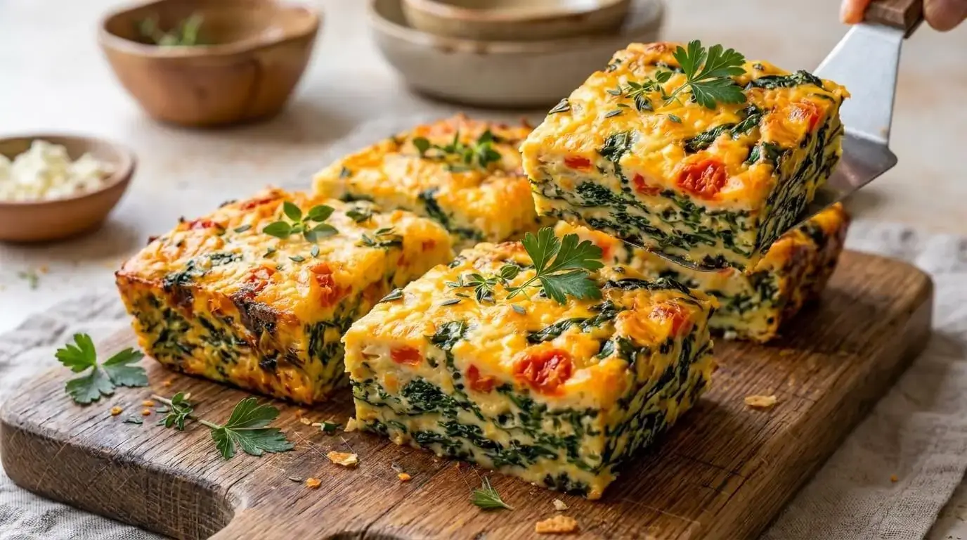 A wooden cutting board holding thick, clean-cut Spinach and Tomato Egg Bake Squares with a golden cheese top, fresh thyme, and parsley garnish.