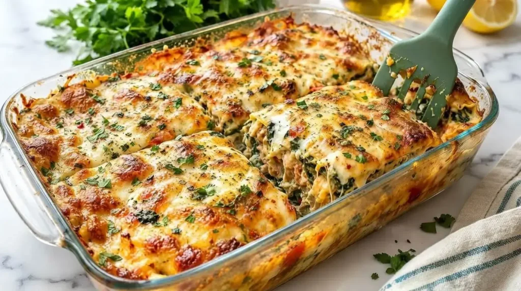 Freshly baked chicken Alfredo and spinach lasagna with golden blistered mozzarella cheese crust in a glass baking dish with a slice lifted.