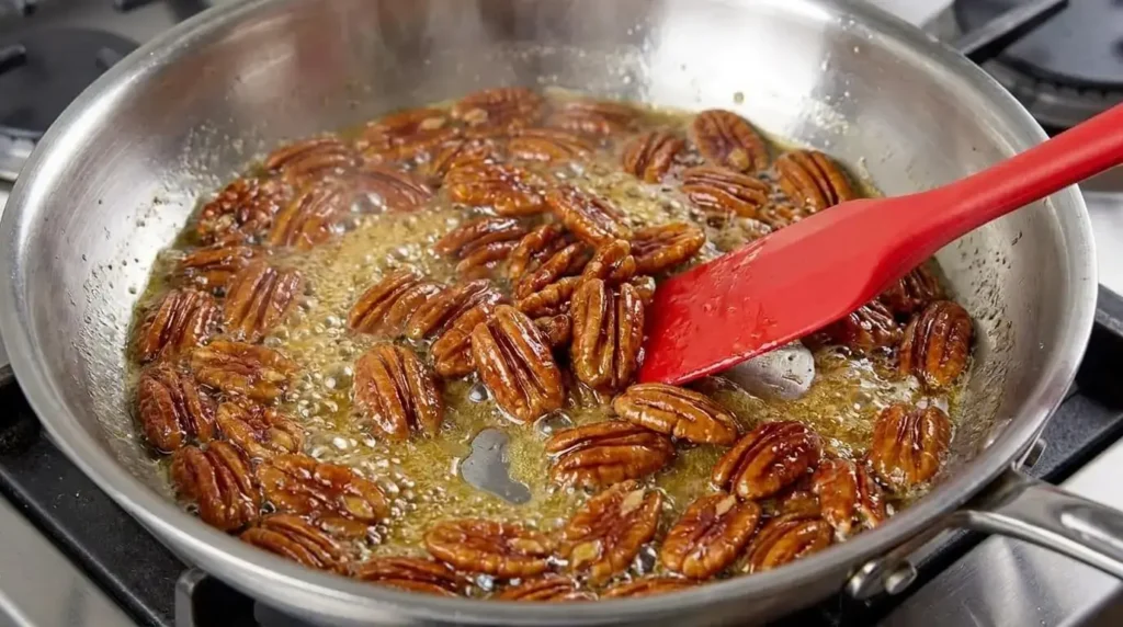 Skillet glazing whole pecans with maple syrup and extra virgin olive oil for salad topping.