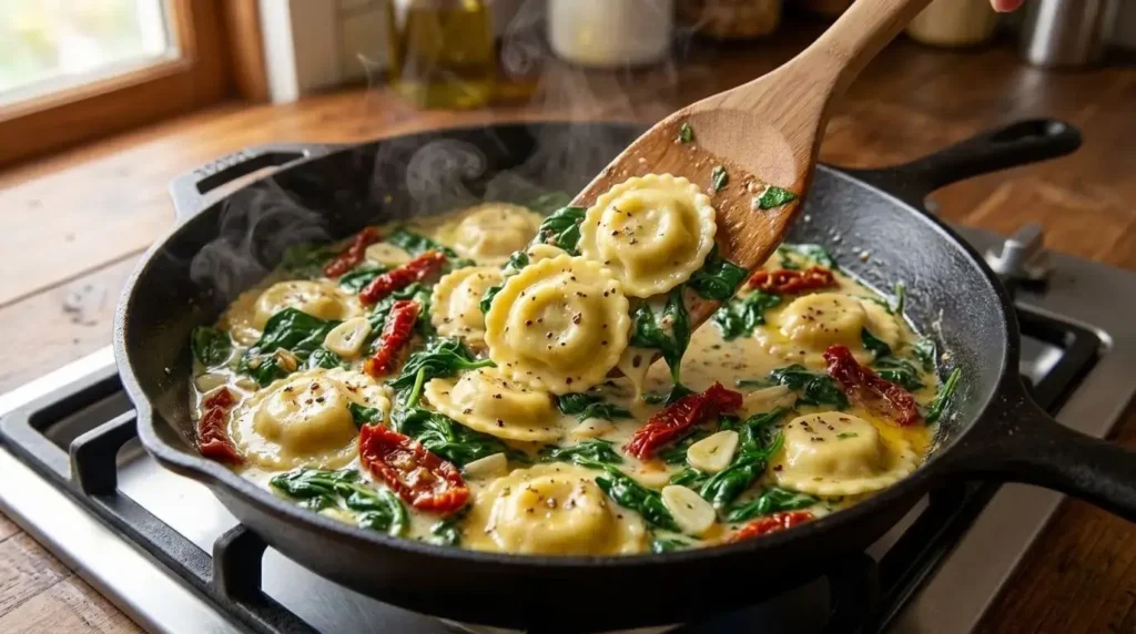 Tossing ravioli into skillet with garlic, spinach, and sun-dried tomato sauce.
