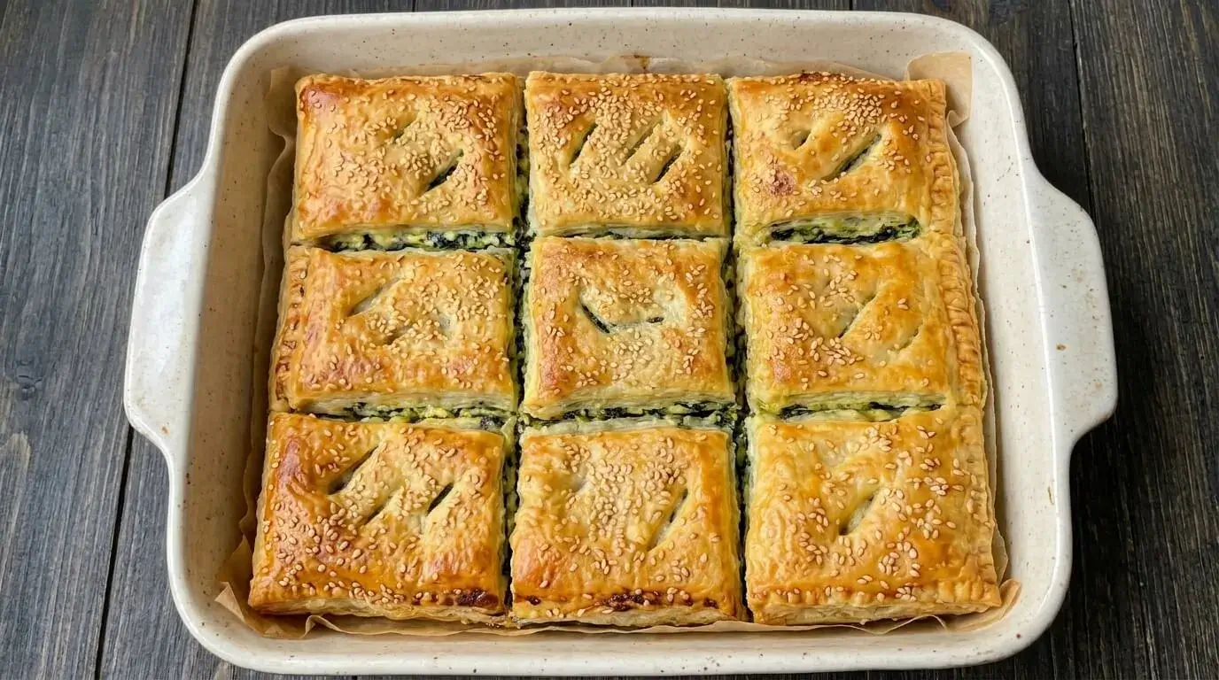 "Overhead view of crispy Spinach and Cheese Puff Pastry Squares in a ceramic baking dish with golden crust and sesame seeds."