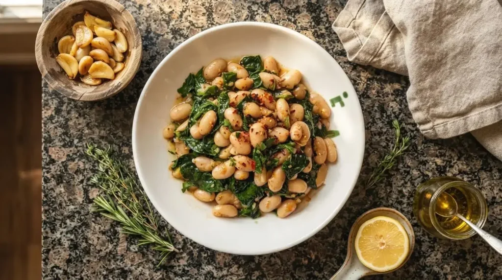 Creamy Cannellini spinach and white beans skillet garnished with garlic, red pepper flakes, and extra virgin olive oil in a white bowl.