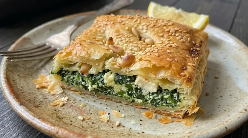 "Close-up of a single golden spinach and cheese puff pastry square showing flaky layers and creamy green filling."