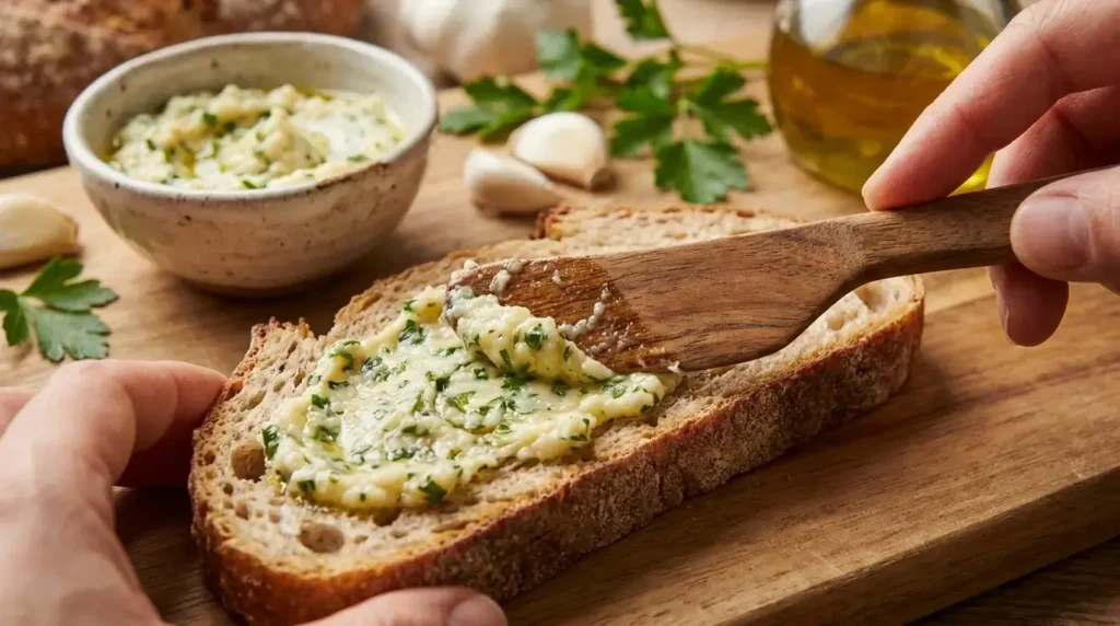 Spreading a smooth garlic, olive oil, butter, and parsley spread onto a thick slice of sourdough bread.