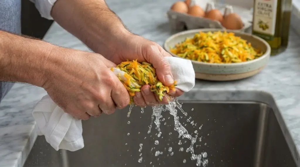 Hands squeezing moisture out of grated zucchini and carrots using a clean kitchen towel over a sink.