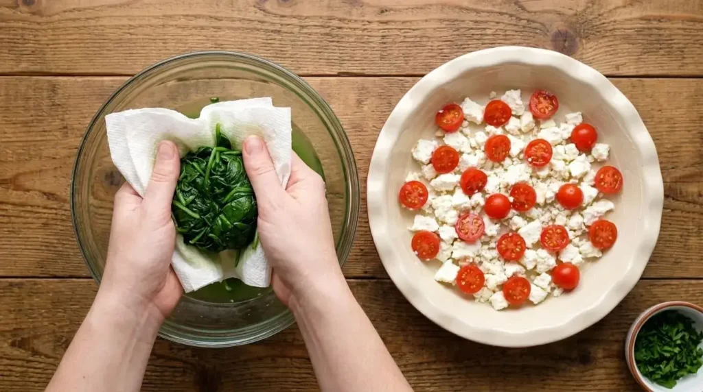Squeezing excess moisture out of cooked baby spinach in a kitchen setting to prevent watery crustless quiche.