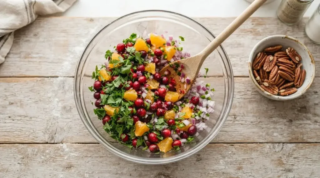 A glass bowl filled with finely chopped fresh cranberries, diced apples, red onion, and fresh herbs for salsa.