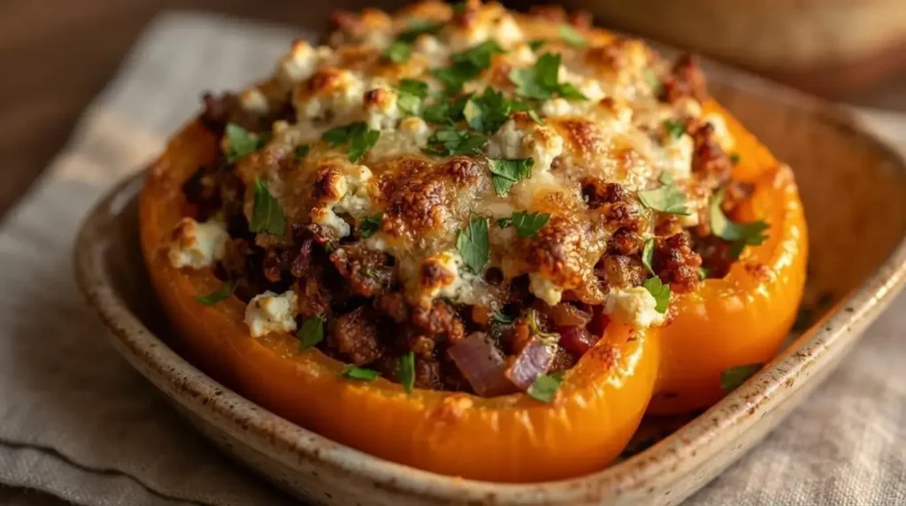 Close-up detail of melted golden mozzarella and feta cheese topping on a stuffed bell pepper.