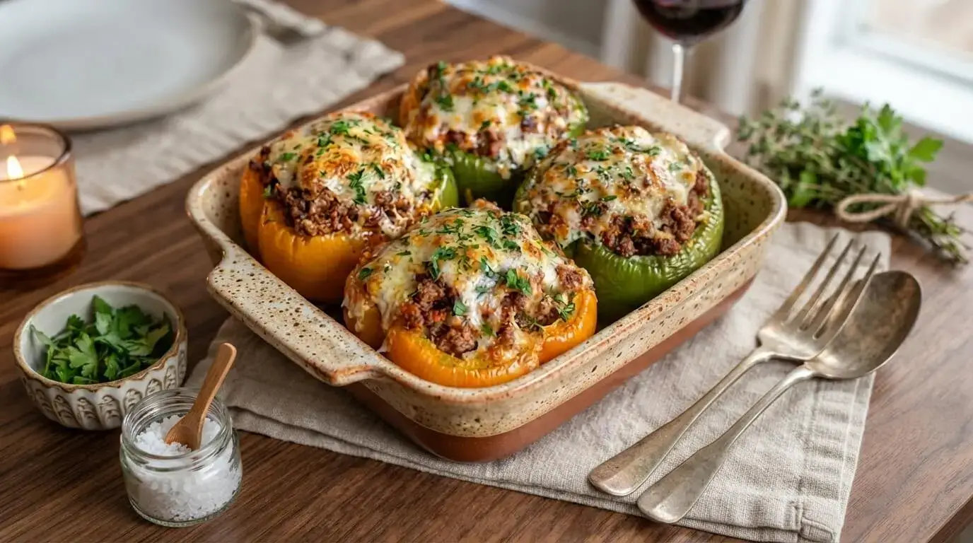 Baking dish filled with Mediterranean ground lamb and brown rice stuffed bell peppers topped with golden melted cheese and fresh parsley.